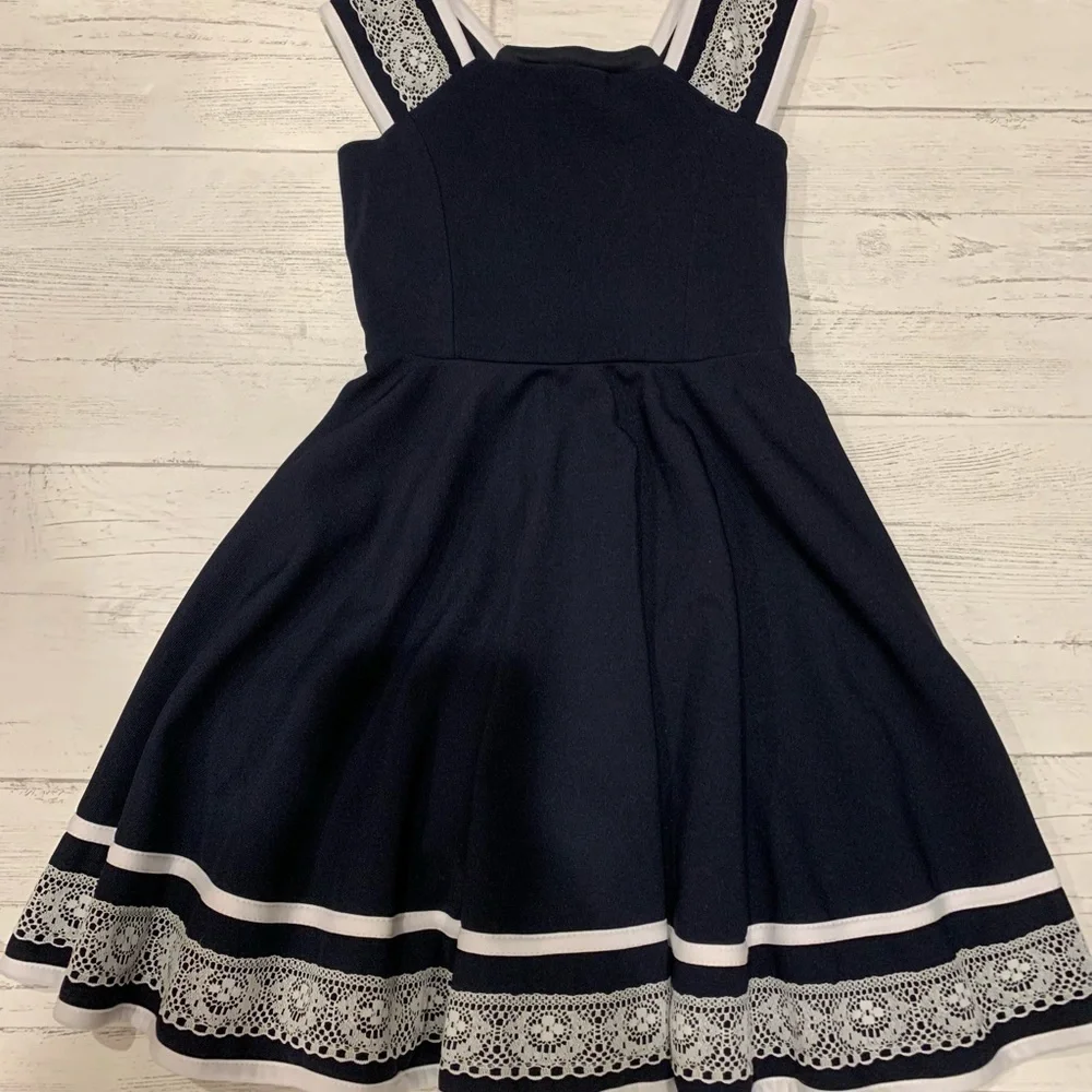 Bonnie Jean Girls 5 Navy Fit & Flare Party Dress Navy Blue White Lace Tie Waist